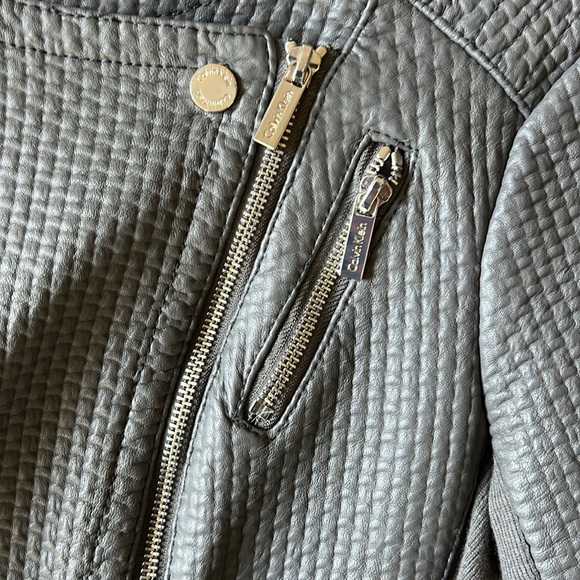 Women’s Grey Leather Jacket Moto Chic Minimal Textured Leather Sliver Zippers - Picture 6 of 7